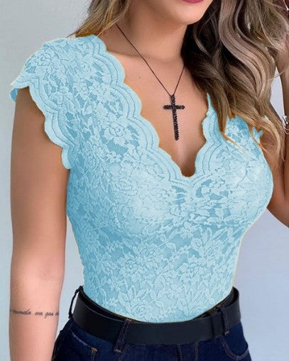 Sexy V Neck Lace Vest Top Sleeveless Solid Wire Free Tops