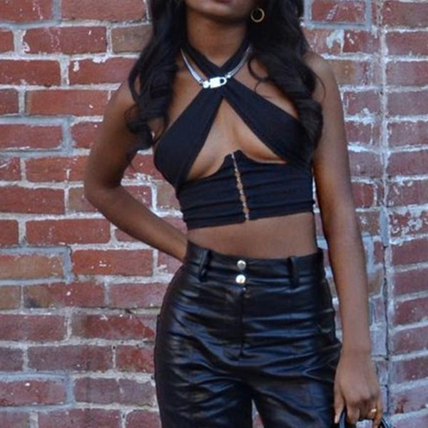 Cryptographic Breasted Sexy Halter Wrap Crop Tops