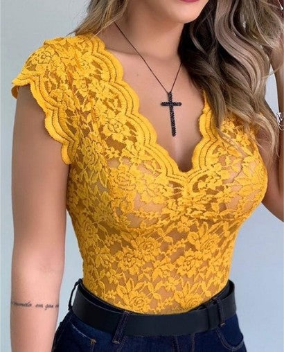 Sexy V Neck Lace Vest Top Sleeveless Solid Wire Free Tops