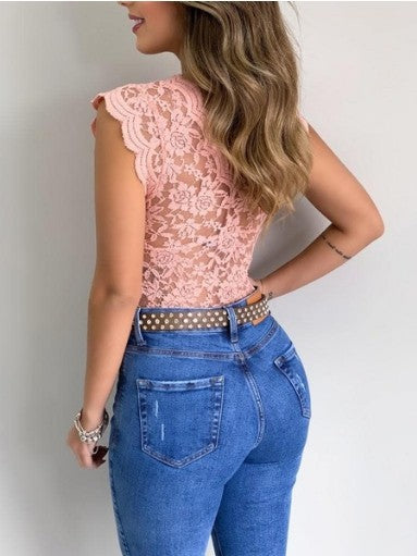 Sexy V Neck Lace Vest Top Sleeveless Solid Wire Free Tops